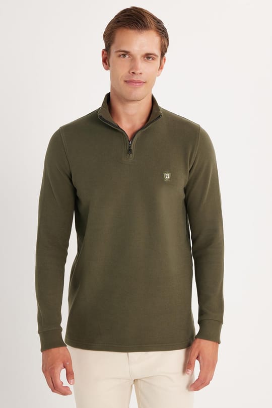 Erkek Slim Fit Dar Kesim Pamuklu Selanik Kumaş Yarım Fermuarlı Haki Dik Yaka Sweatshirt