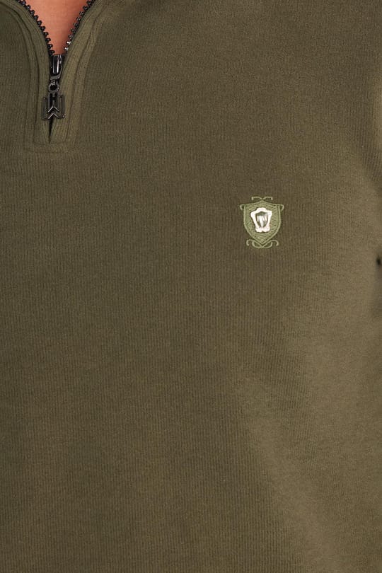 Erkek Slim Fit Dar Kesim Pamuklu Selanik Kumaş Yarım Fermuarlı Haki Dik Yaka Sweatshirt