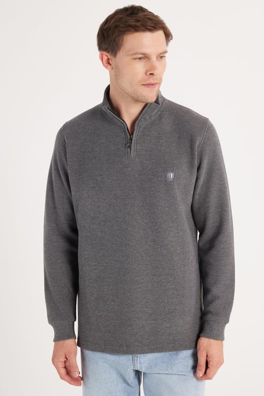 Erkek Slim Fit Dar Kesim Pamuklu Selanik Kumaş Yarım Fermuarlı Antrasit Dik Yaka Sweatshirt