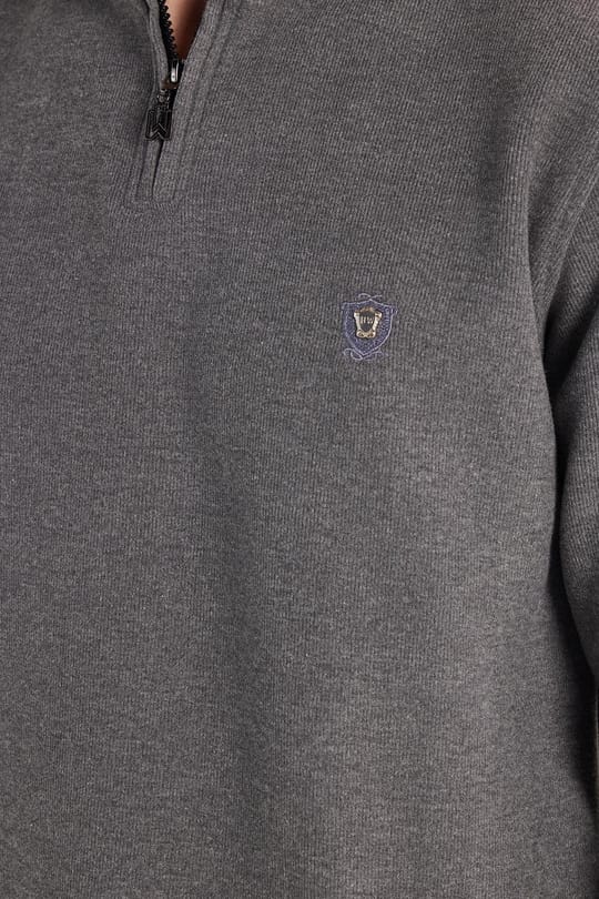 Erkek Slim Fit Dar Kesim Pamuklu Selanik Kumaş Yarım Fermuarlı Antrasit Dik Yaka Sweatshirt