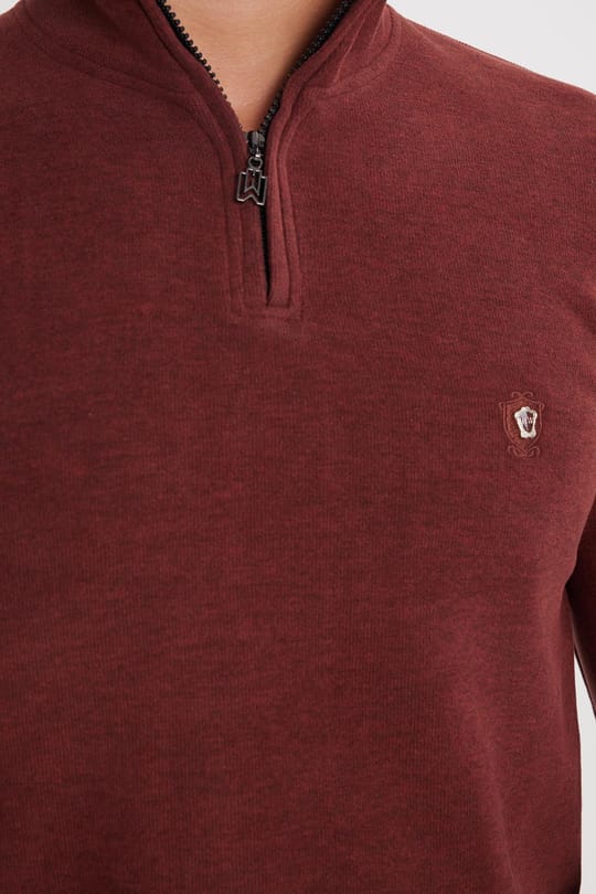 Erkek Slim Fit Dar Kesim Pamuklu Selanik Kumaş Yarım Fermuarlı Kiremit Dik Yaka Sweatshirt