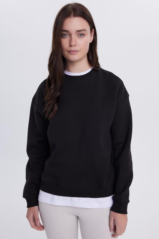 Kadın Oversize Geniş Kesim Pamuklu Bisiklet Yaka Siyah Sweatshirt