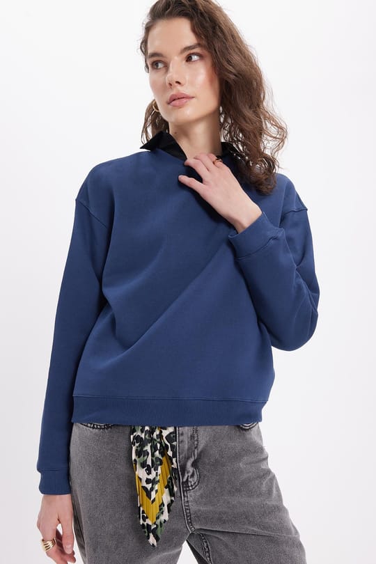 Kadın Oversize Geniş Kesim Pamuklu Bisiklet Yaka Lacivert Sweatshirt