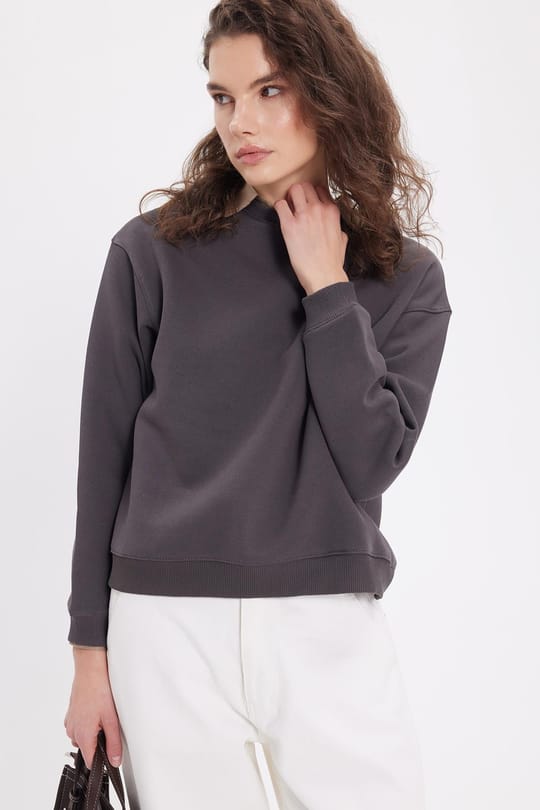 Kadın Oversize Geniş Kesim Pamuklu Bisiklet Yaka Füme Sweatshirt