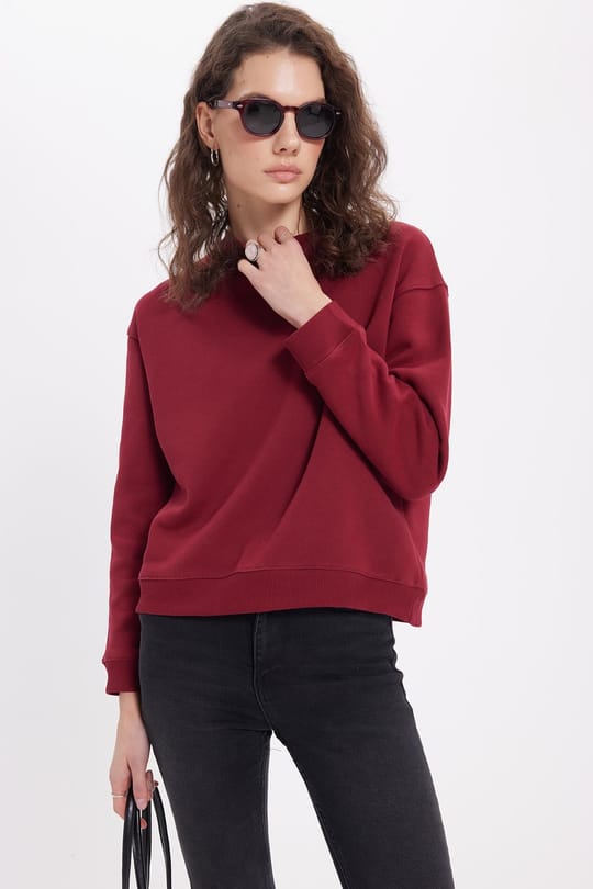 Kadın Oversize Geniş Kesim Pamuklu Bisiklet Yaka Bordo Sweatshirt