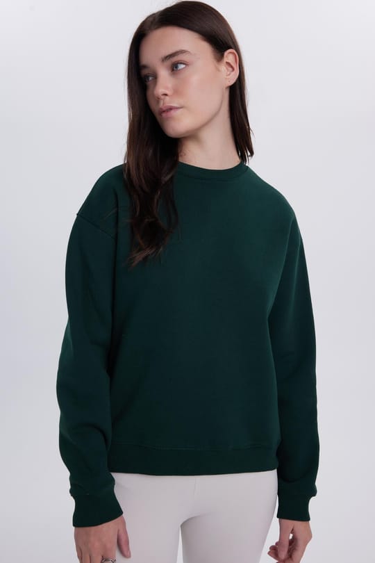 Kadın Oversize Geniş Kesim Pamuklu Bisiklet Yaka Yeşil Sweatshirt