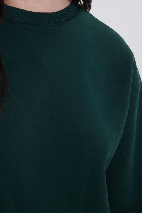 Kadın Oversize Geniş Kesim Pamuklu Bisiklet Yaka Yeşil Sweatshirt