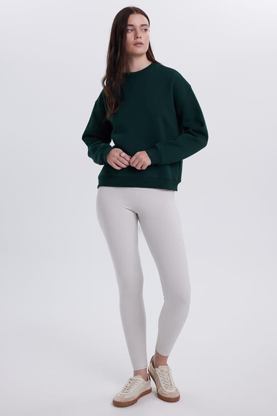 Kadın Oversize Geniş Kesim Pamuklu Bisiklet Yaka Yeşil Sweatshirt