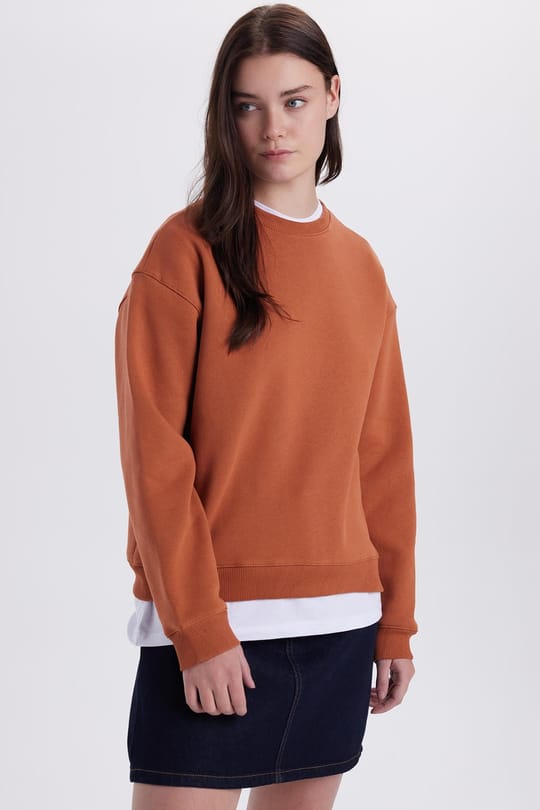 Kadın Oversize Geniş Kesim Pamuklu Bisiklet Yaka Kiremit Sweatshirt