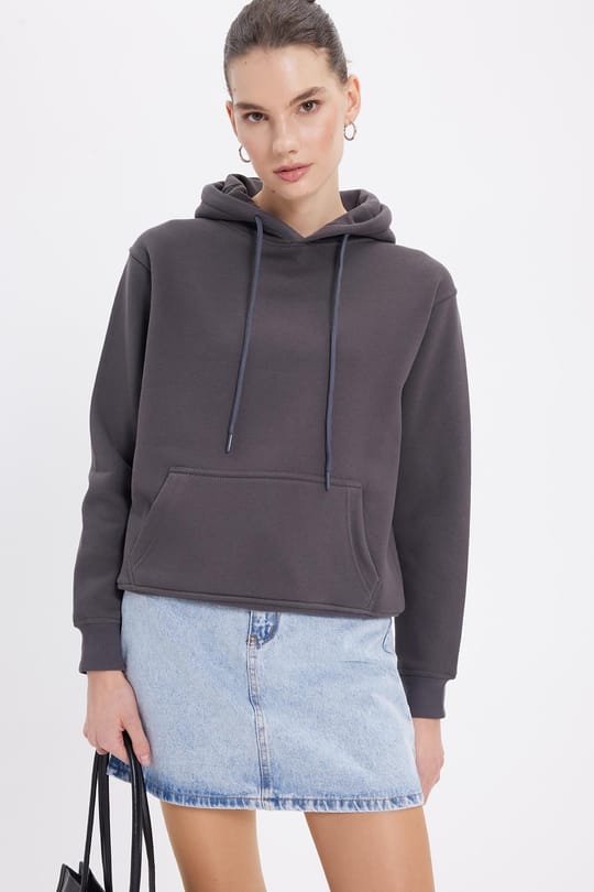 Kadın Relax Fit Rahat Kesim Pamuklu Kapüşonlu Kanguru Cepli Füme Sweatshirt