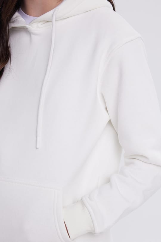Kadın Relax Fit Rahat Kesim Pamuklu Kapüşonlu Kanguru Cepli Ekru Sweatshirt
