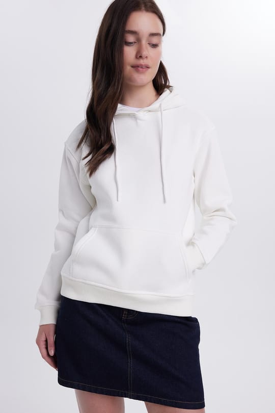 Kadın Relax Fit Rahat Kesim Pamuklu Kapüşonlu Kanguru Cepli Ekru Sweatshirt