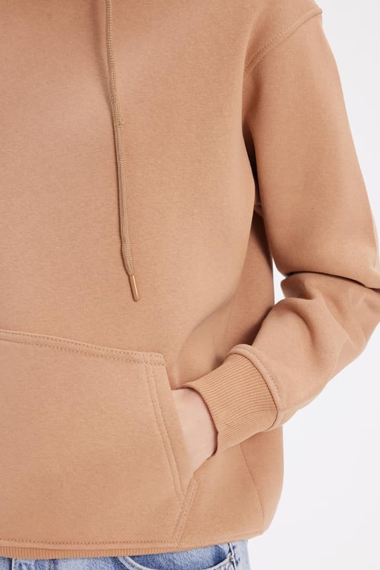 Kadın Relax Fit Rahat Kesim Pamuklu Kapüşonlu Kanguru Cepli Vizon Sweatshirt