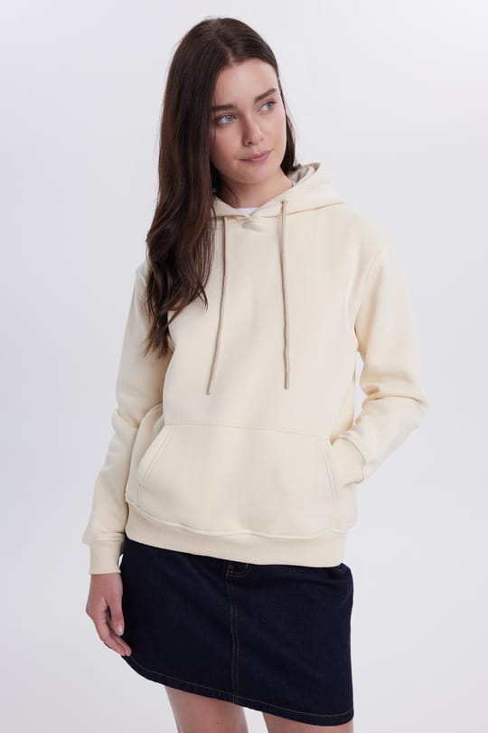 Kadın Relax Fit Rahat Kesim Pamuklu Kapüşonlu Kanguru Cepli Taş Sweatshirt