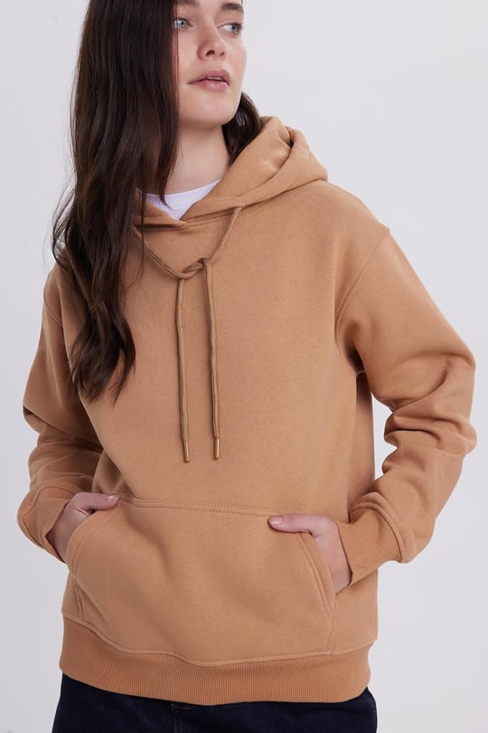 Kadın Relax Fit Rahat Kesim Pamuklu Kapüşonlu Kanguru Cepli Kiremit Sweatshirt