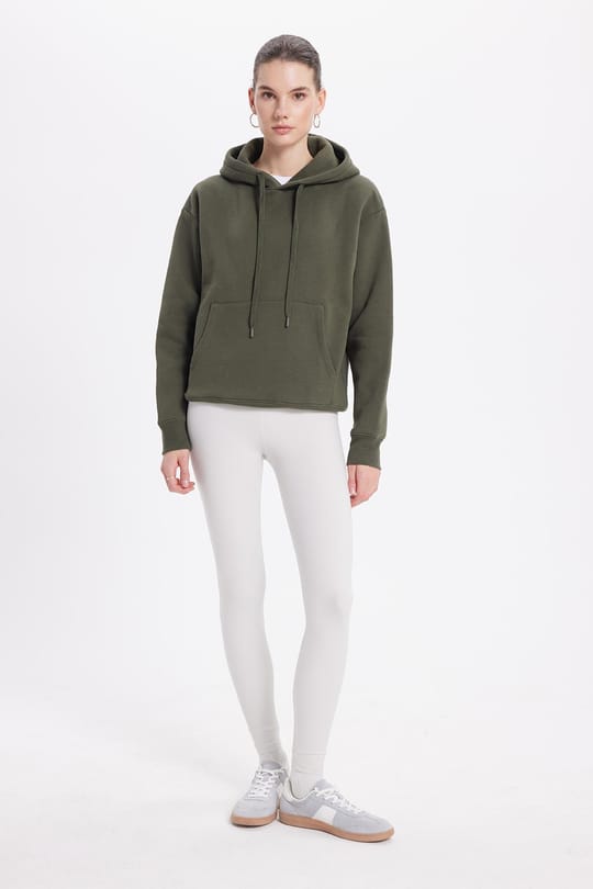 Kadın Oversize Geniş Kesim Pamuklu Yumuşak Dokulu İçi Polarlı Basic Yeşil Kapüşonlu Sweatshirt
