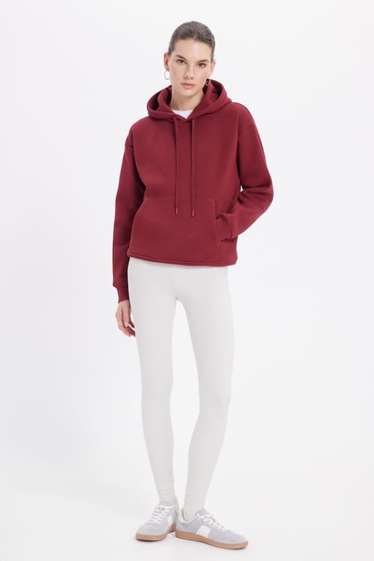 Kadın Oversize Geniş Kesim Pamuklu Yumuşak Dokulu İçi Polarlı Basic Bordo Kapüşonlu Sweatshirt