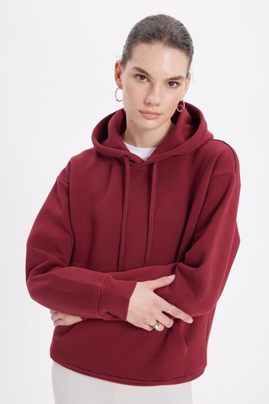 Kadın Oversize Geniş Kesim Pamuklu Yumuşak Dokulu İçi Polarlı Basic Bordo Kapüşonlu Sweatshirt