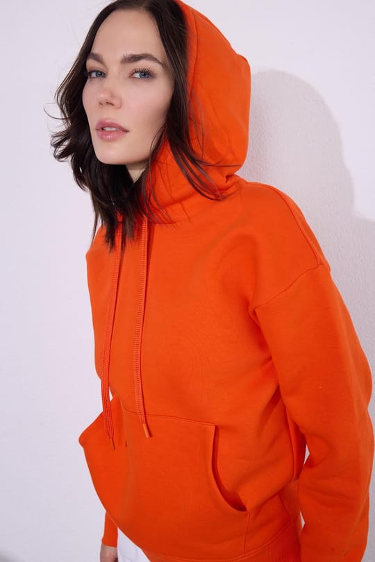 Kadın Oversize Geniş Kesim Pamuklu Yumuşak Dokulu İçi Polarlı Basic Turuncu Kapüşonlu Sweatshirt