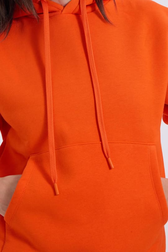 Kadın Oversize Geniş Kesim Pamuklu Yumuşak Dokulu İçi Polarlı Basic Turuncu Kapüşonlu Sweatshirt
