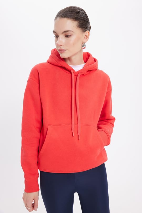 Kadın Oversize Geniş Kesim Pamuklu Yumuşak Dokulu İçi Polarlı Basic Nar Renk Kapüşonlu Sweatshirt