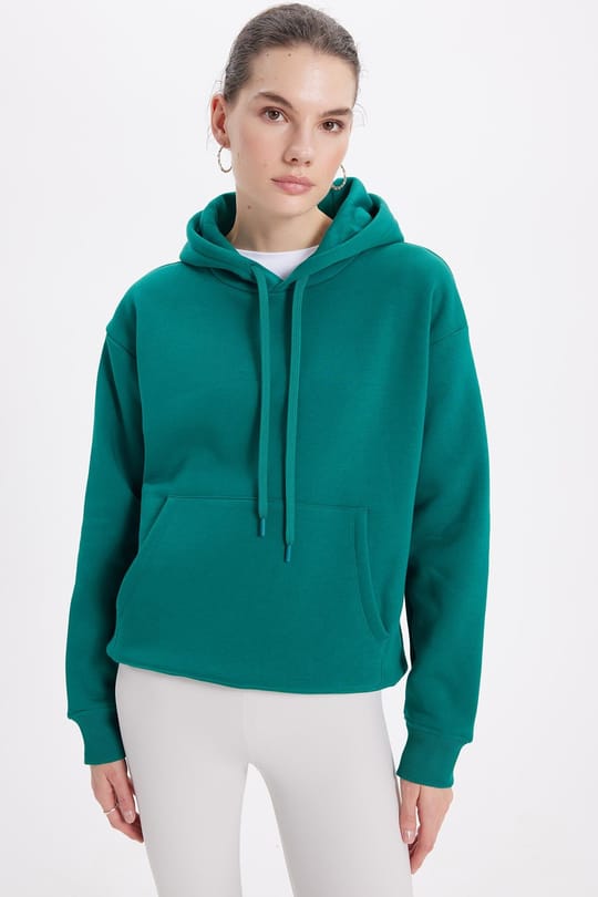 Kadın Oversize Geniş Kesim Pamuklu Yumuşak Dokulu İçi Polarlı Basic Yeşil Kapüşonlu Sweatshirt