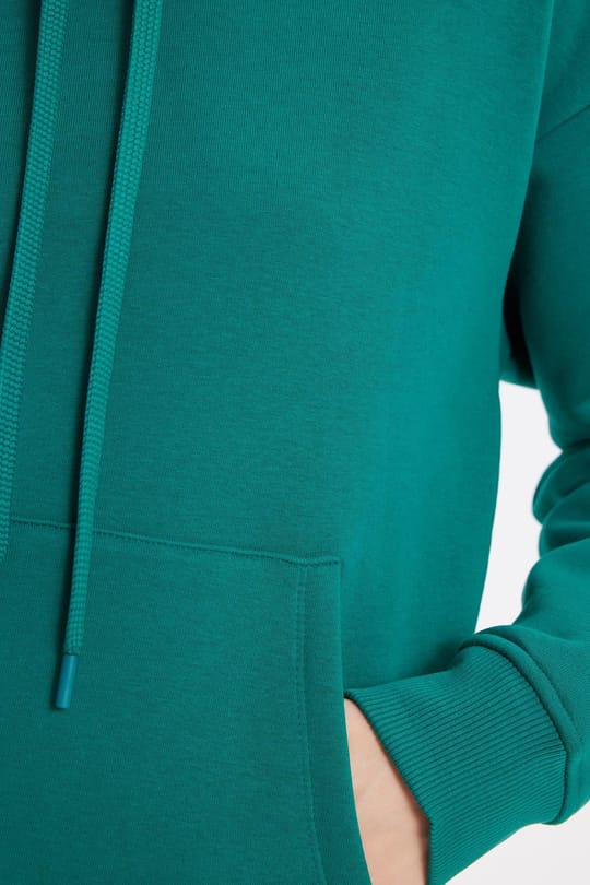 Kadın Oversize Geniş Kesim Pamuklu Yumuşak Dokulu İçi Polarlı Basic Yeşil Kapüşonlu Sweatshirt