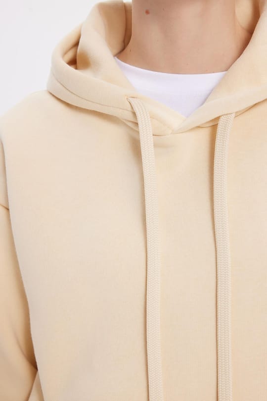 Kadın Oversize Geniş Kesim Pamuklu Yumuşak Dokulu İçi Polarlı Basic Bej Kapüşonlu Sweatshirt