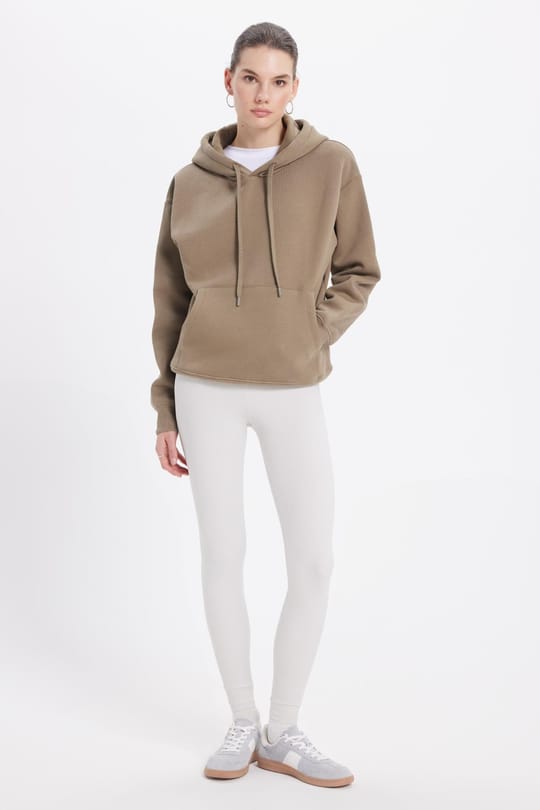 Kadın Oversize Geniş Kesim Pamuklu Yumuşak Dokulu İçi Polarlı Basic Yeşil Kapüşonlu Sweatshirt
