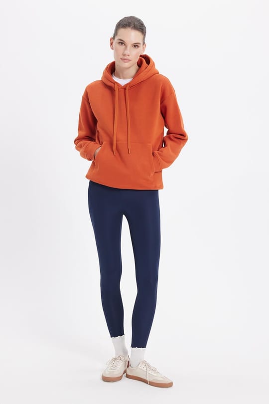 Kadın Oversize Geniş Kesim Pamuklu Yumuşak Dokulu İçi Polarlı Basic Turuncu Kapüşonlu Sweatshirt