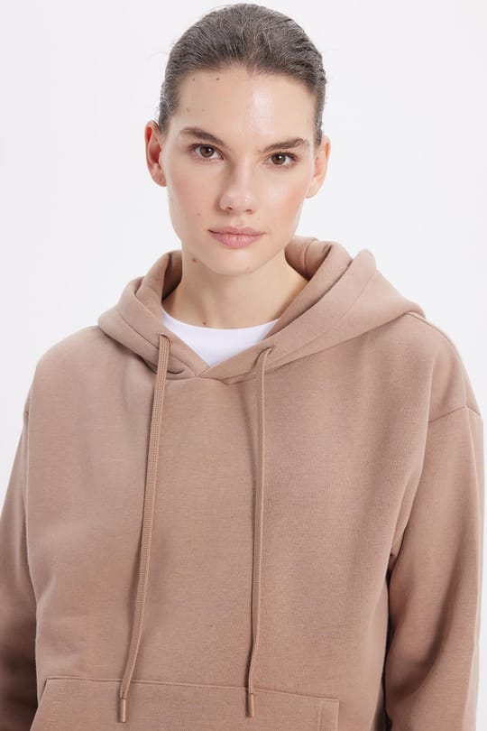 Kadın Oversize Geniş Kesim Pamuklu Yumuşak Dokulu İçi Polarlı Basic Vizon Kapüşonlu Sweatshirt
