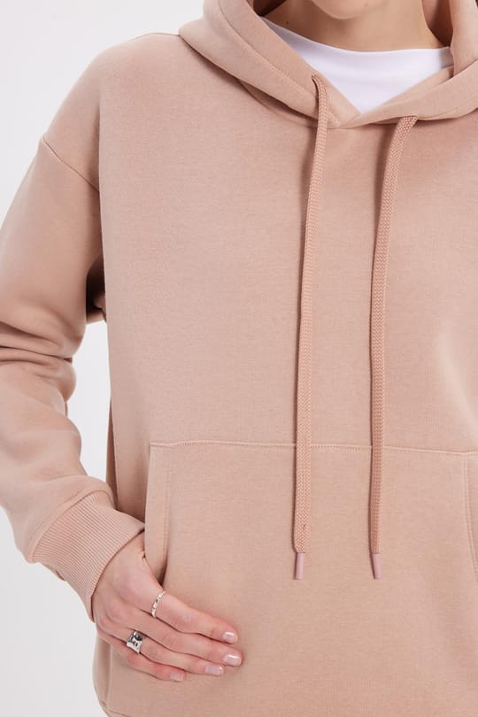 Kadın Oversize Geniş Kesim Pamuklu Yumuşak Dokulu İçi Polarlı Basic Vizon Kapüşonlu Sweatshirt
