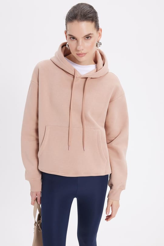 Kadın Oversize Geniş Kesim Pamuklu Yumuşak Dokulu İçi Polarlı Basic Vizon Kapüşonlu Sweatshirt