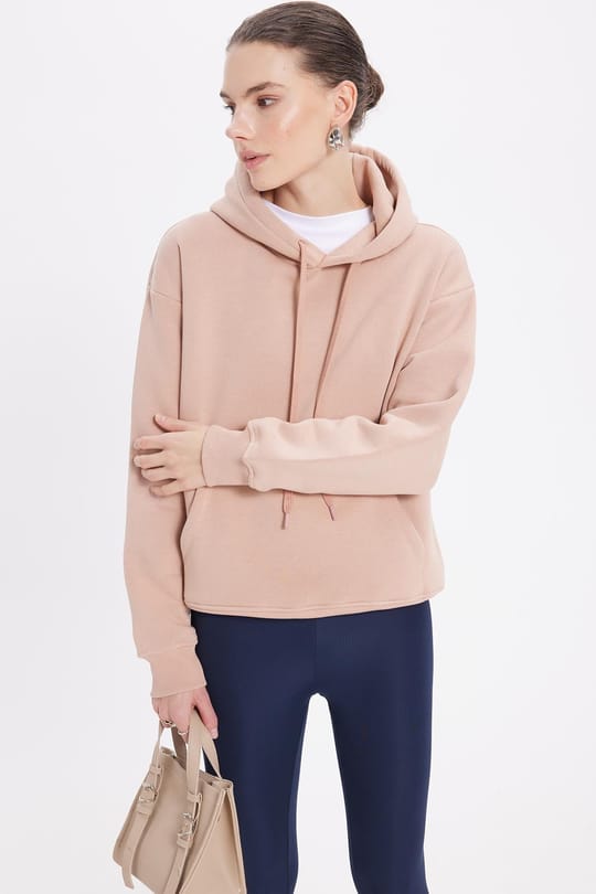 Kadın Oversize Geniş Kesim Pamuklu Yumuşak Dokulu İçi Polarlı Basic Vizon Kapüşonlu Sweatshirt