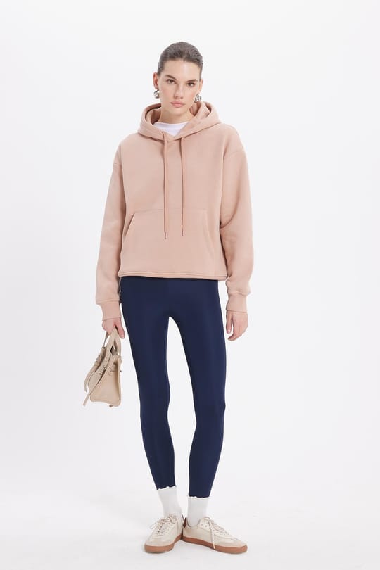 Kadın Oversize Geniş Kesim Pamuklu Yumuşak Dokulu İçi Polarlı Basic Vizon Kapüşonlu Sweatshirt