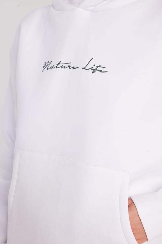 Kadın Oversize Geniş Kesim Pamuklu Yumuşak Dokulu İçi Polarlı Baskılı Beyaz Kapüşonlu Sweatshirt