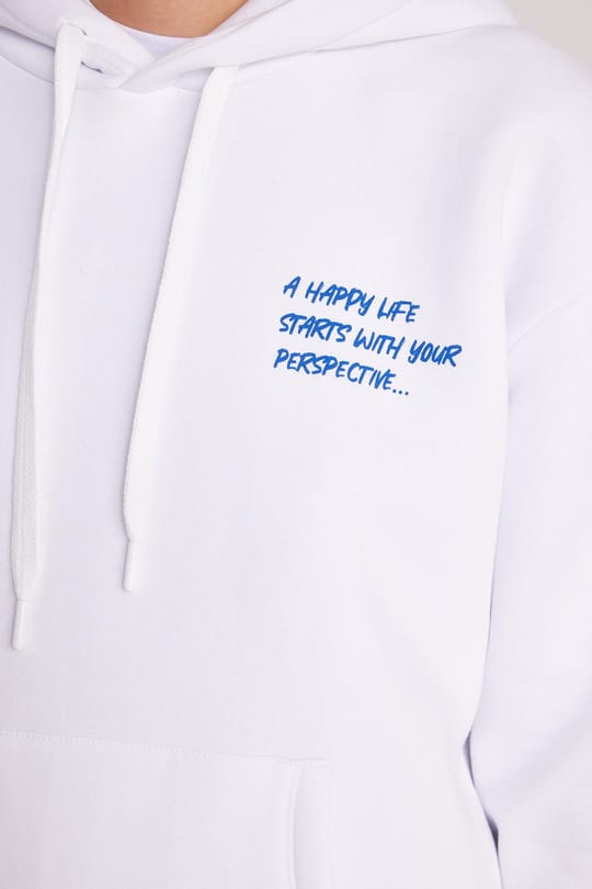 Kadın Oversize Geniş Kesim Pamuklu Yumuşak Dokulu İçi Polarlı Baskılı Beyaz Kapüşonlu Sweatshirt