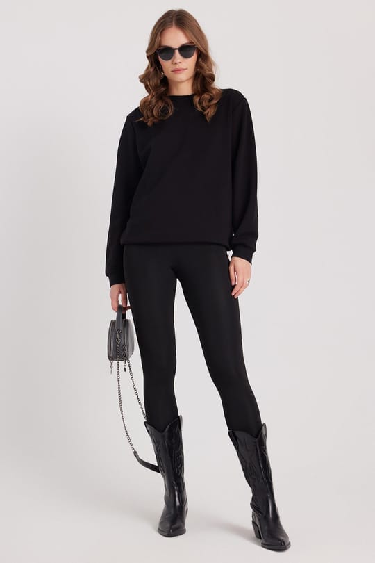Kadın Oversize Geniş Kesim Pamuklu Basic Siyah Bisiklet Yaka Sweatshirt