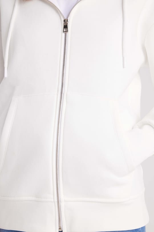 Kadın Relax Fit Rahat Kesim Pamuklu İçi Polarlı Çift Cepli Fermuarlı Beyaz Kapüşonlu Sweatshirt