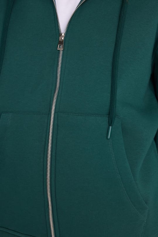 Kadın Relax Fit Rahat Kesim Pamuklu İçi Polarlı Çift Cepli Fermuarlı Yeşil Kapüşonlu Sweatshirt