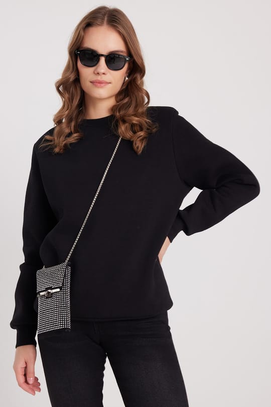 Kadın Oversize Geniş Kesim Pamuklu 3 İplik İçi Polarlı Basic Siyah Bisiklet Yaka Sweatshirt