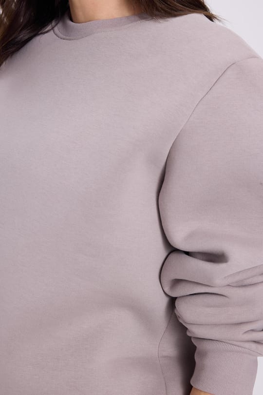 Kadın Oversize Geniş Kesim Pamuklu 3 İplik İçi Polarlı Basic Gri Bisiklet Yaka Sweatshirt