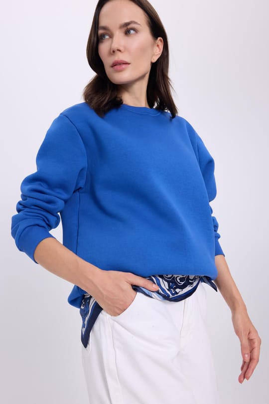 Kadın Oversize Geniş Kesim Pamuklu 3 İplik İçi Polarlı Basic Mavi Bisiklet Yaka Sweatshirt