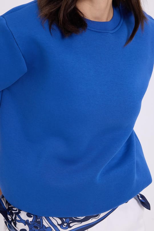 Kadın Oversize Geniş Kesim Pamuklu 3 İplik İçi Polarlı Basic Mavi Bisiklet Yaka Sweatshirt