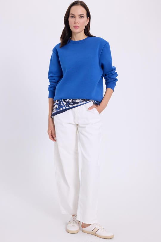 Kadın Oversize Geniş Kesim Pamuklu 3 İplik İçi Polarlı Basic Mavi Bisiklet Yaka Sweatshirt