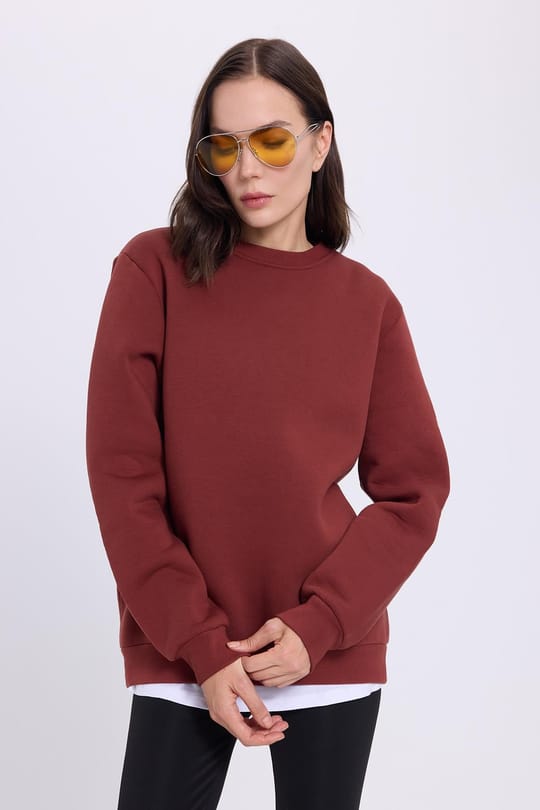 Kadın Oversize Geniş Kesim Pamuklu 3 İplik İçi Polarlı Basic Kiremit Bisiklet Yaka Sweatshirt
