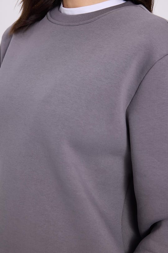 Kadın Oversize Geniş Kesim Pamuklu 3 İplik İçi Polarlı Basic Gri Bisiklet Yaka Sweatshirt