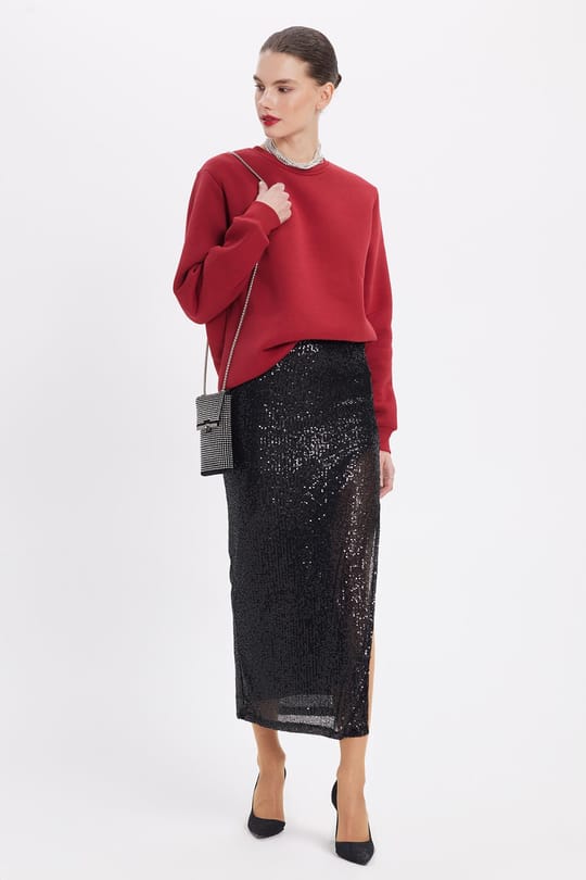 Kadın Oversize Geniş Kesim Pamuklu 3 İplik İçi Polarlı Basic Bordo Bisiklet Yaka Sweatshirt