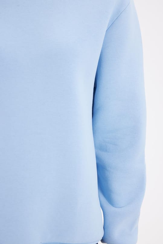Kadın Oversize Geniş Kesim Pamuklu 3 İplik İçi Polarlı Basic Mavi Bisiklet Yaka Sweatshirt