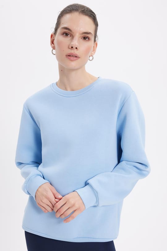 Kadın Oversize Geniş Kesim Pamuklu 3 İplik İçi Polarlı Basic Mavi Bisiklet Yaka Sweatshirt